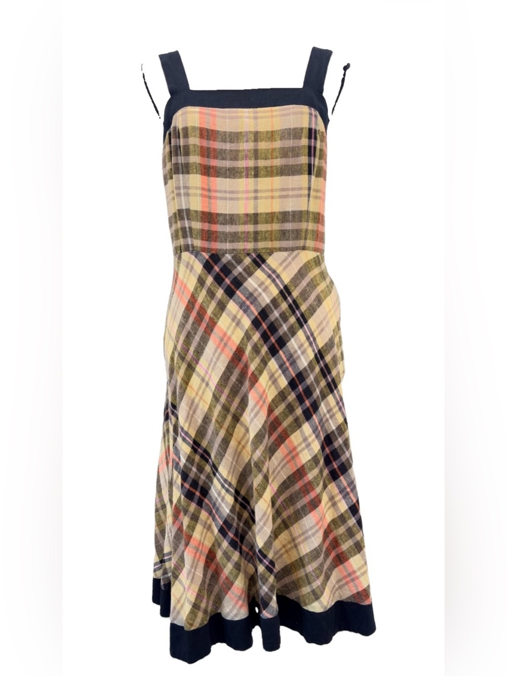 Madison Leigh Autumn Plaid Tan Red Smocked Linen Sundress Sz 10 90s Ivy Preppy